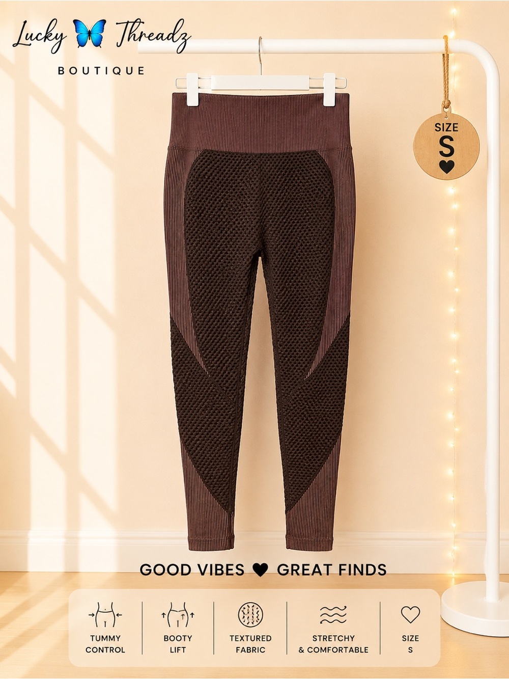 Mocha Brown Booty Lift Tummy Control Textured Leggings Small/Medium